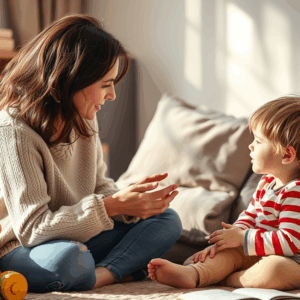 Mama gebärdet mit ihrem Kind