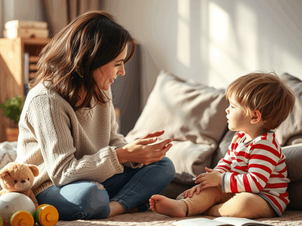 Mama gebärdet mit ihrem Kind