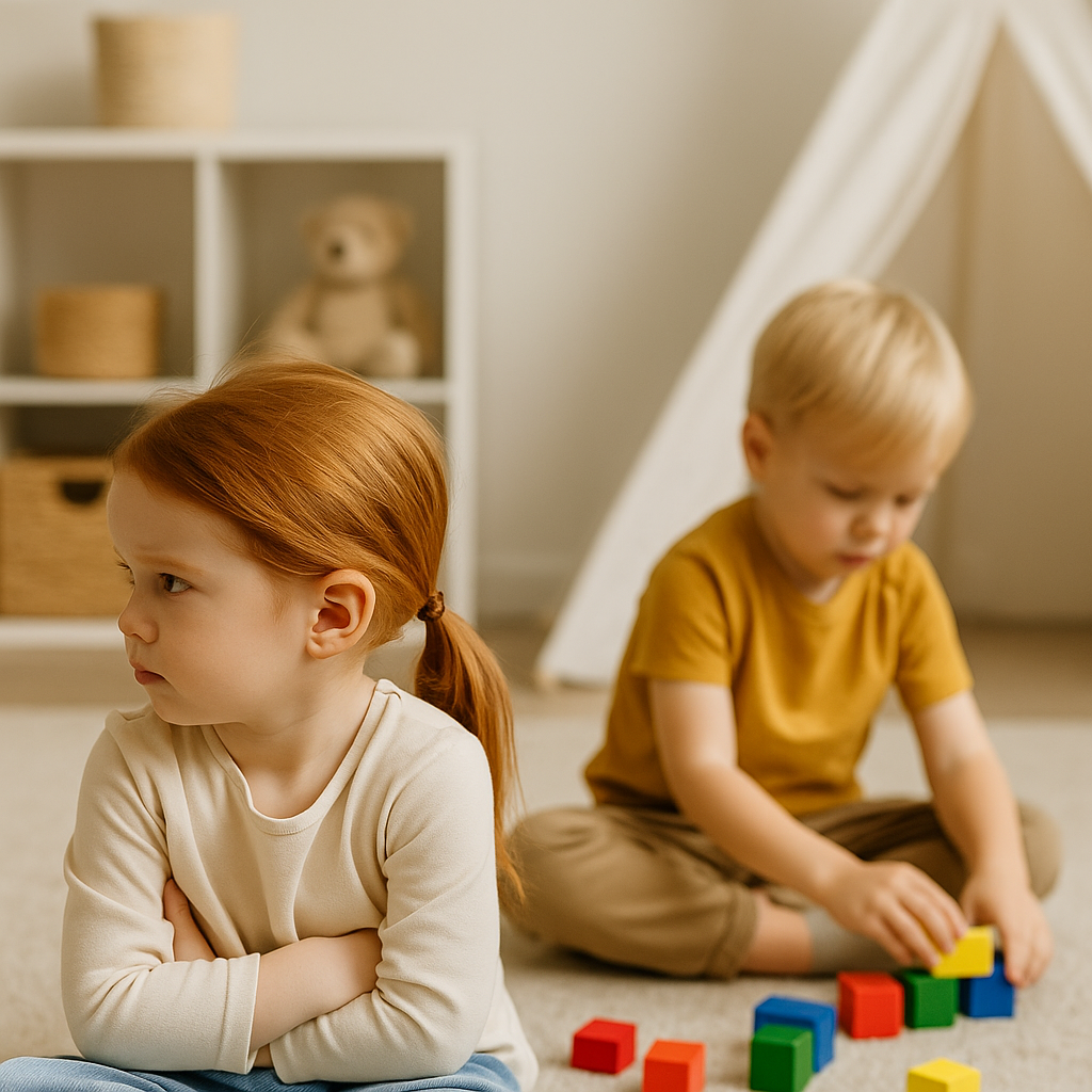 Zwei kleine Kinder spielen, eines sitzt abseits – Symbol für Mobbing beginnt im Kinderzimmer.