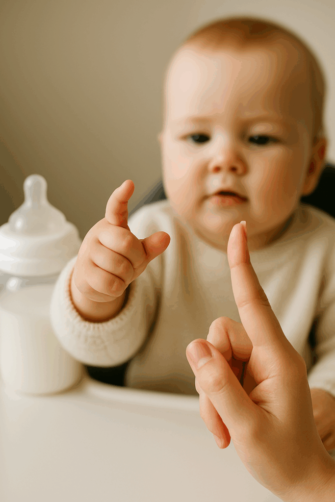 Ein Baby hält mit seiner kleinen Hand die Hand eines Erwachsenen – Symbol für Babyzeichensprache, frühe Kommunikation und Bindung.