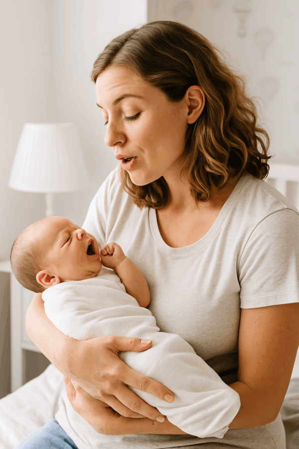 Eine Mutter hält ihr Baby liebevoll im Arm und schaut ihm ins Gesicht – Symbol für Kommunikation mit Dunstan Babysprache.