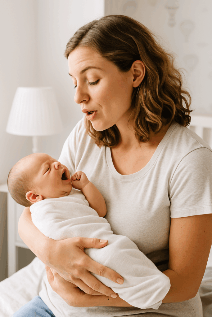 Eine Mutter hält ihr Baby liebevoll im Arm und schaut ihm ins Gesicht – Symbol für Kommunikation mit Dunstan Babysprache.