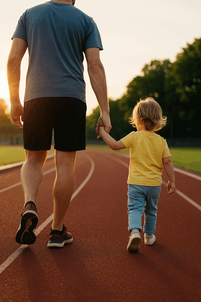 Ein Elternteil läuft Hand in Hand mit einem Kind auf einer Laufbahn – Symbol für Erziehung als Marathon vom Trotzalter zur Pubertät.