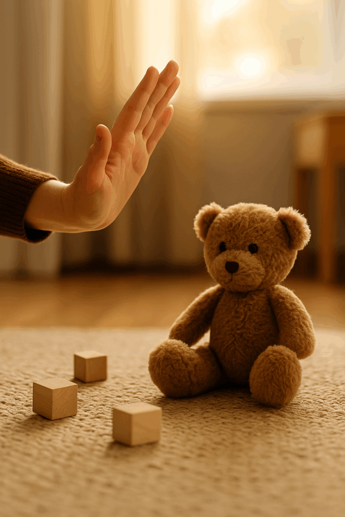Eine erwachsene Hand im Stopp-Signal über einem Teddybären – Symbolbild für Erziehung ohne Klaps auf den Po.