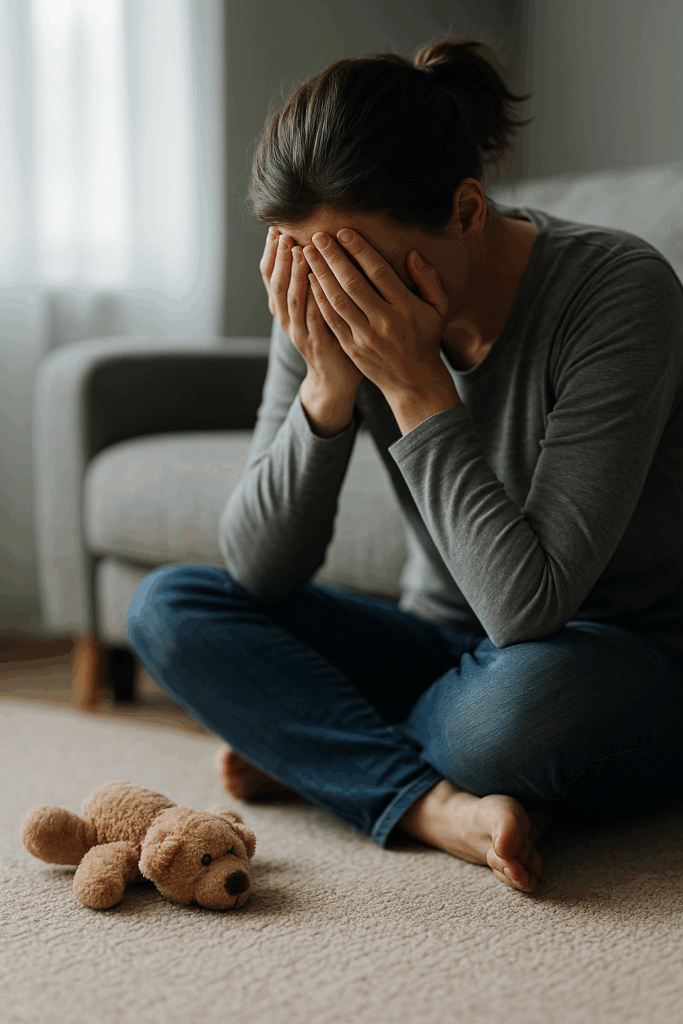 Ein Elternteil sitzt mit den Händen vor dem Gesicht und wirkt schuldig. Daneben liegt ein Kinderspielzeug – Symbol für Schuldgefühle in der Erziehung.