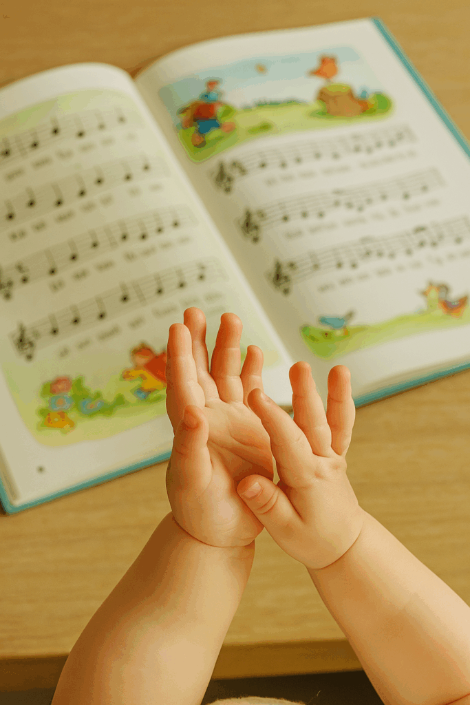 Babyhände klatschen, im Hintergrund liegt ein aufgeschlagenes Kinderliederbuch. Symbol für Babyzeichensprache und Reime.