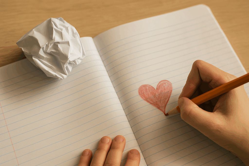 Aufgeschlagenes Schulheft mit zerknülltem Papier daneben. Eine Hand zeichnet ein Herz – Symbol für Angst beim Lernen und Ermutigung.