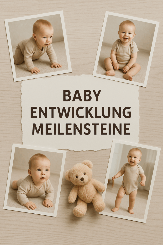 Vier Fotos zeigen ein Baby beim Krabbeln, Sitzen, Stehen und Laufen – symbolisch für die wichtigsten Entwicklungsschritte im ersten Lebensjahr