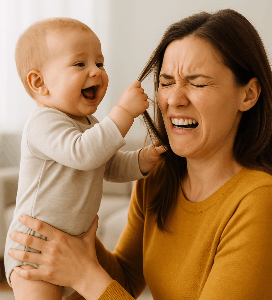 Ein Baby zieht lachend an den Haaren seiner Mutter, die schmerzhaft das Gesicht verzieht – Symbol für das Verhalten von Babys, die beißen, kratzen oder Haare ziehen.
