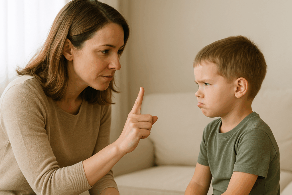 Mutter hebt ruhig den Finger, während ihr Kind schmollt – Symbol für ein klares Nein in der Erziehung ohne Trauma.