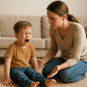 Ein kleines Kind sitzt weinend auf dem Boden, während die Mutter ruhig daneben kniet und aufmerksam bleibt – Symbol für den Umgang mit Trotzanfällen.