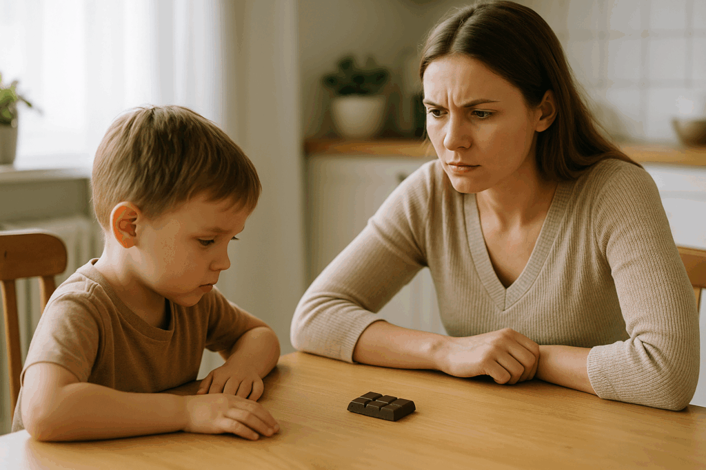 Kind sitzt am Tisch und schaut auf ein Stück Schokolade, während die Mutter ernst daneben sitzt – Symbol für Belohnungen und Strafen in der Erziehung.