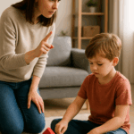 Ein Junge spielt vertieft mit Bauklötzen, während seine Mutter versucht, seine Aufmerksamkeit zu bekommen – Symbol für ‚nicht hören‘ im Familienalltag.