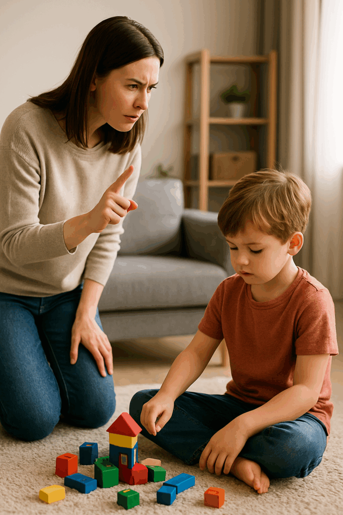 Ein Junge spielt vertieft mit Bauklötzen, während seine Mutter versucht, seine Aufmerksamkeit zu bekommen – Symbol für ‚nicht hören‘ im Familienalltag.