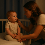 Mutter beruhigt nachts ihr wach gewordenes Baby im Bett – Symbol dafür, dass Aufwachen zur kindlichen Entwicklung dazugehört.