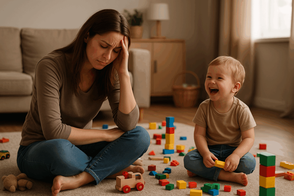 Erschöpfte Mutter sitzt zwischen verstreutem Spielzeug, während ihr Kind fröhlich daneben spielt – Symbol dafür, dass Perfektion Eltern überfordert.