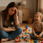 Erschöpfte Mutter sitzt zwischen verstreutem Spielzeug, während ihr Kind fröhlich daneben spielt – Symbol dafür, dass Perfektion Eltern überfordert.