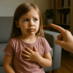 Mädchen mit Schokoladenresten im Gesicht bestreitet, Schokolade gegessen zu haben – typisches Beispiel dafür, warum Kinder lügen.