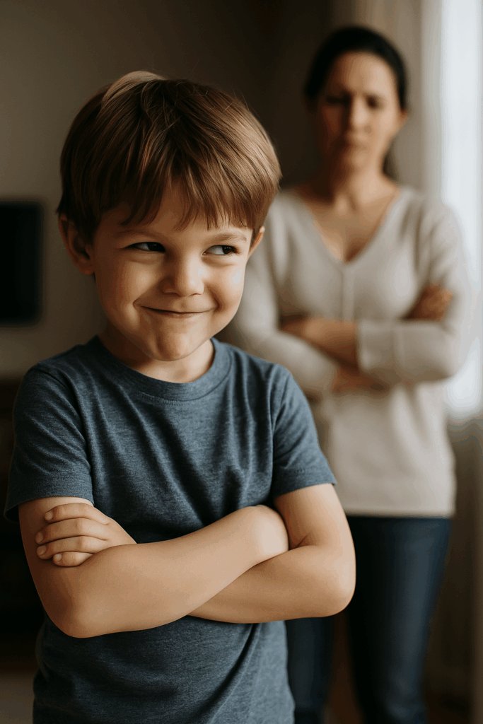 Ein kleiner Junge mit verschränkten Armen schaut verschmitzt nach oben, während im Hintergrund eine Mutter mit ernster Miene steht. Das Bild symbolisiert kindliches Austesten von Grenzen und das Thema „Warum Kinder provozieren“.