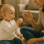 Elternteil zeigt Baby mit der Hand ein Zeichen, Baby beobachtet aufmerksam – Symbol für Nachahmung und frühe Kommunikation durch Babyzeichensprache.