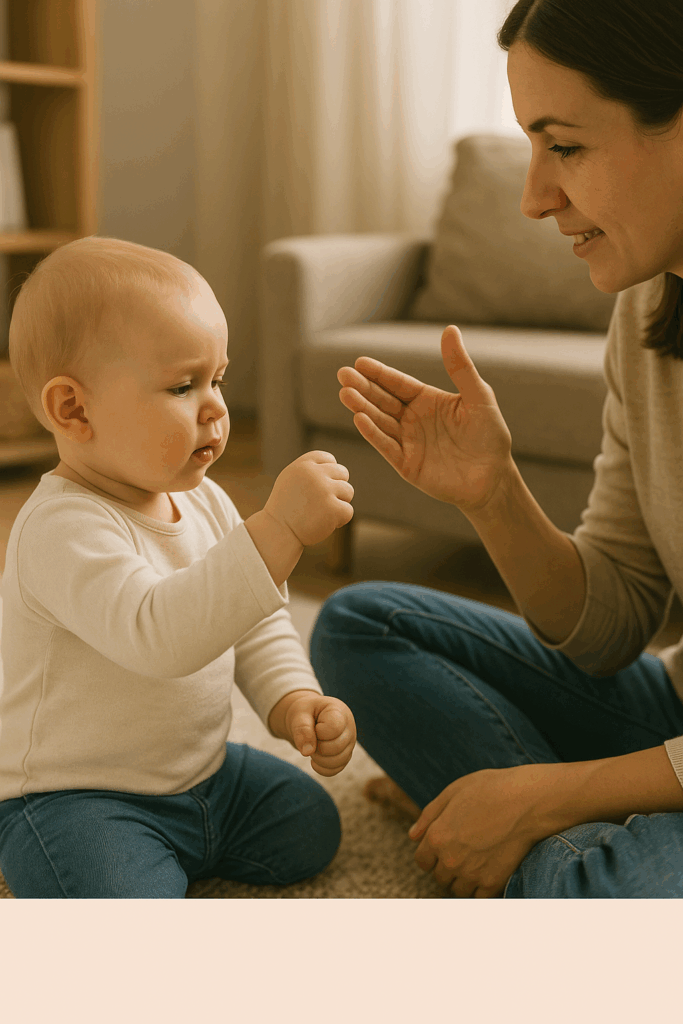 Elternteil zeigt Baby mit der Hand ein Zeichen, Baby beobachtet aufmerksam – Symbol für Nachahmung und frühe Kommunikation durch Babyzeichensprache.