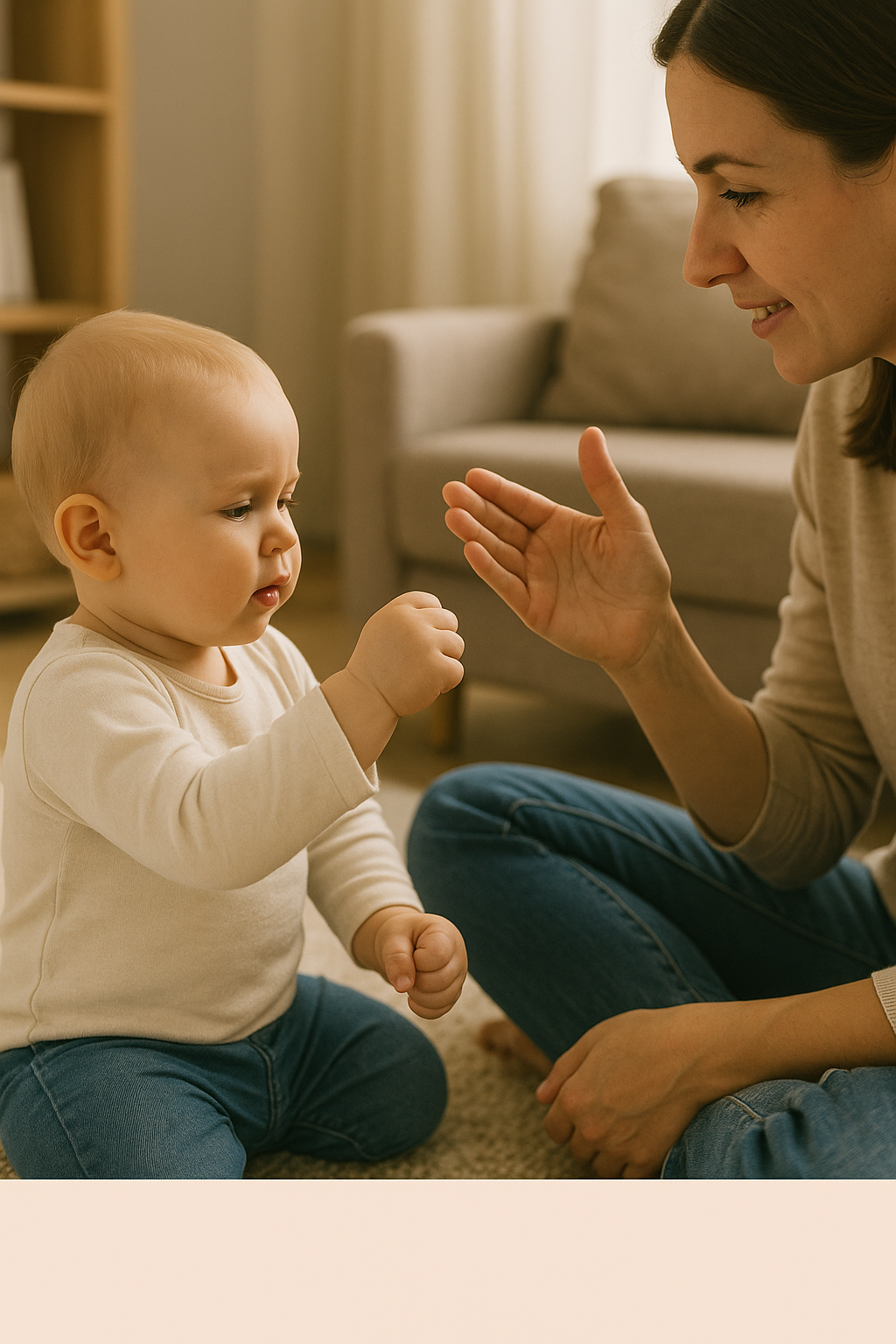 Elternteil zeigt Baby mit der Hand ein Zeichen, Baby beobachtet aufmerksam – Symbol für Nachahmung und frühe Kommunikation durch Babyzeichensprache.