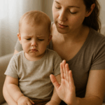 Elternteil zeigt Baby mit der Hand ein beruhigendes Zeichen, Baby schaut aufmerksam – Symbol für Verstehen statt Wut durch Babyzeichensprache.