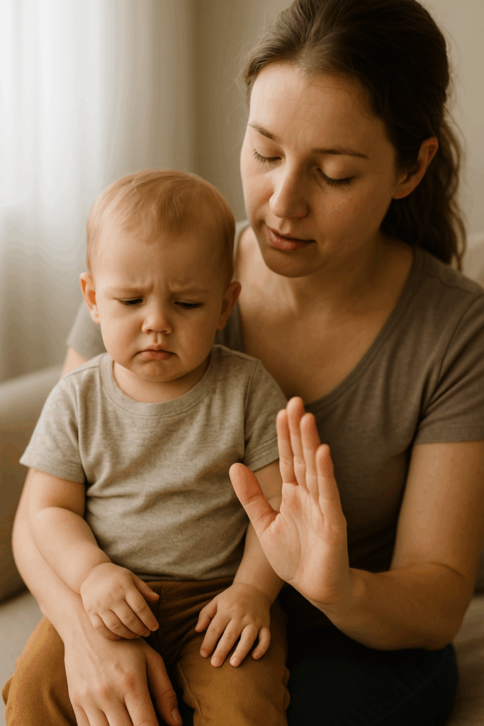 Elternteil zeigt Baby mit der Hand ein beruhigendes Zeichen, Baby schaut aufmerksam – Symbol für Verstehen statt Wut durch Babyzeichensprache.