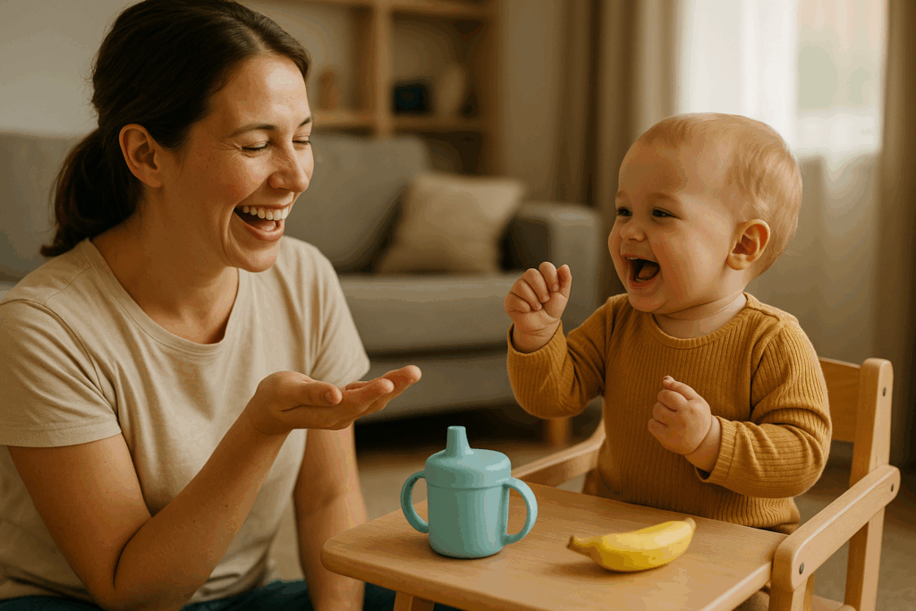 Elternteil zeigt Baby ein Zeichen beim Essen, Baby lächelt und imitiert die Bewegung – Symbol für Kommunikation und Entlastung im Familienalltag durch Babyzeichensprache.