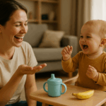 Elternteil zeigt Baby ein Zeichen beim Essen, Baby lächelt und imitiert die Bewegung – Symbol für Kommunikation und Entlastung im Familienalltag durch Babyzeichensprache.