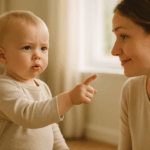 Baby zeigt Mutter ein Handzeichen, Mutter schaut aufmerksam – Symbol für Kommunikation, Verständnis und Humor durch Babyzeichensprache.