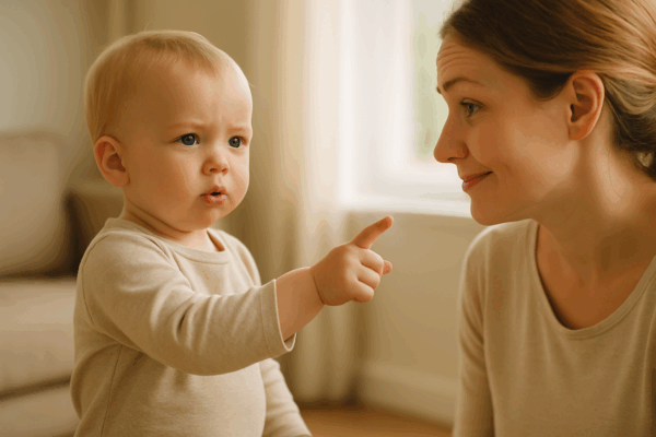 Baby zeigt Mutter ein Handzeichen, Mutter schaut aufmerksam – Symbol für Kommunikation, Verständnis und Humor durch Babyzeichensprache.