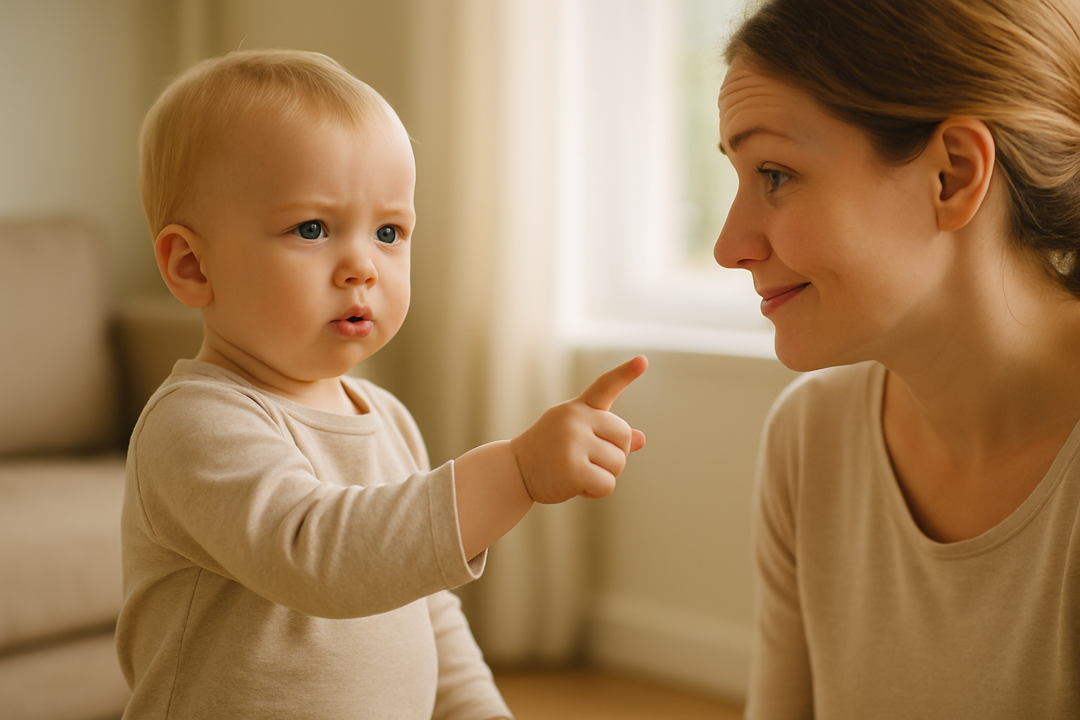 Baby zeigt Mutter ein Handzeichen, Mutter schaut aufmerksam – Symbol für Kommunikation, Verständnis und Humor durch Babyzeichensprache.