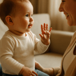 Baby zeigt Zeichen mit der Hand, Mutter reagiert liebevoll – Symbol für frühe Kommunikation und Sprachentwicklung durch Babyzeichensprache.
