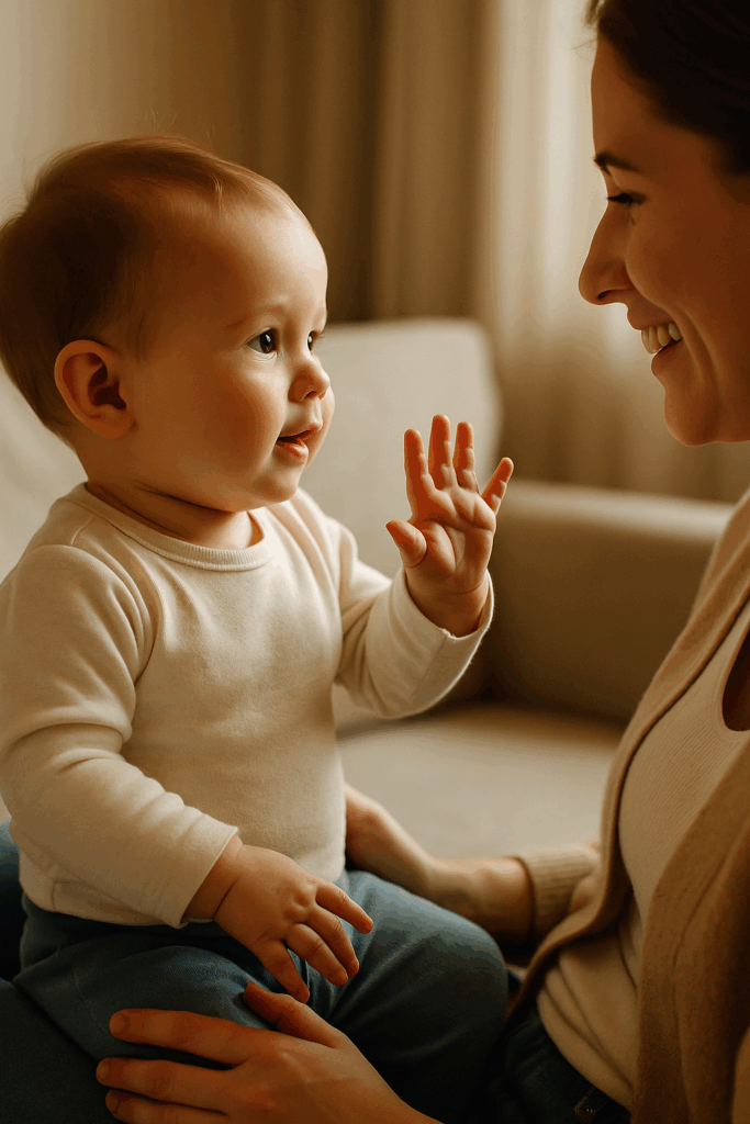 Baby zeigt Zeichen mit der Hand, Mutter reagiert liebevoll – Symbol für frühe Kommunikation und Sprachentwicklung durch Babyzeichensprache.