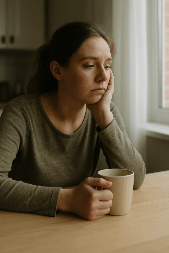 Eine erschöpfte Mutter sitzt an einem hellen Holztisch, stützt den Kopf in die Hand und hält eine Tasse in der anderen. Das Bild symbolisiert elterliche Erschöpfung, mentale Überlastung und den Wunsch nach Ruhe.