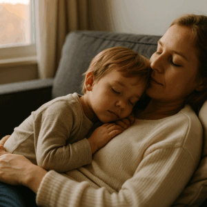 Mutter hält ihr Kind im Arm, beide ruhen friedlich auf dem Sofa – Symbol für Geborgenheit, Nähe und innere Ruhe bei Kindern.