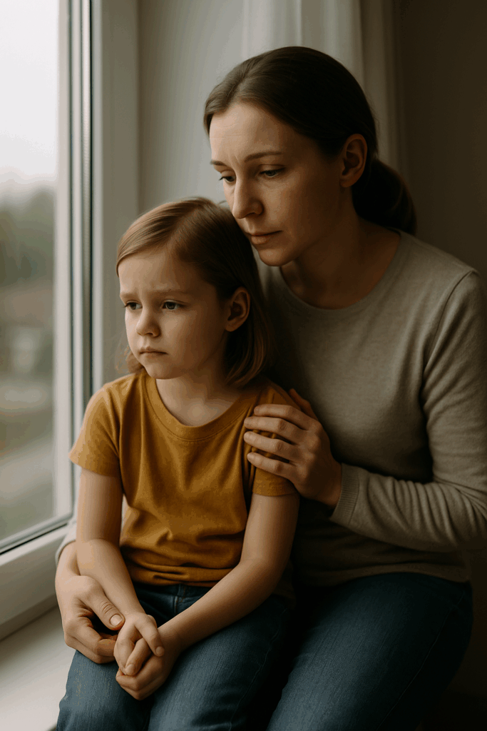 Eine Mutter sitzt mit ihrer Tochter am Fenster. Das Kind schaut nachdenklich hinaus, während die Mutter beruhigend eine Hand auf ihre Schulter legt. Das Bild symbolisiert emotionale Nähe, Mitgefühl und das Begleiten von Gefühlen.