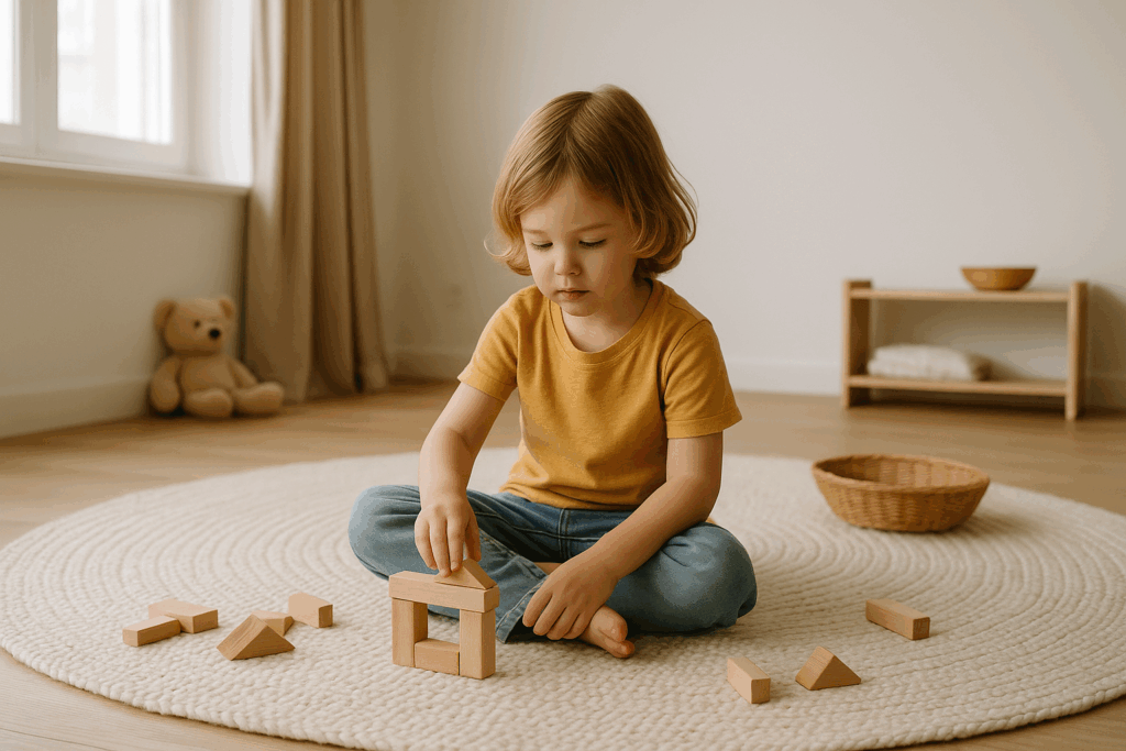 Kind spielt ruhig mit Holzklötzen in einem hellen, minimalistischen Kinderzimmer – Symbol für Kreativität und Fantasie durch weniger Spielzeug.