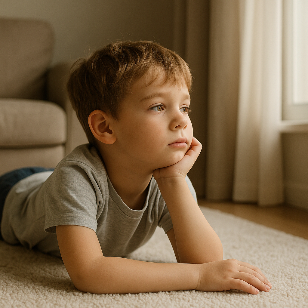 Kind liegt ruhig auf dem Teppich und schaut aus dem Fenster – Symbol für innere Ruhe, Nachdenken und kindliche Entwicklung beim Nichtstun.