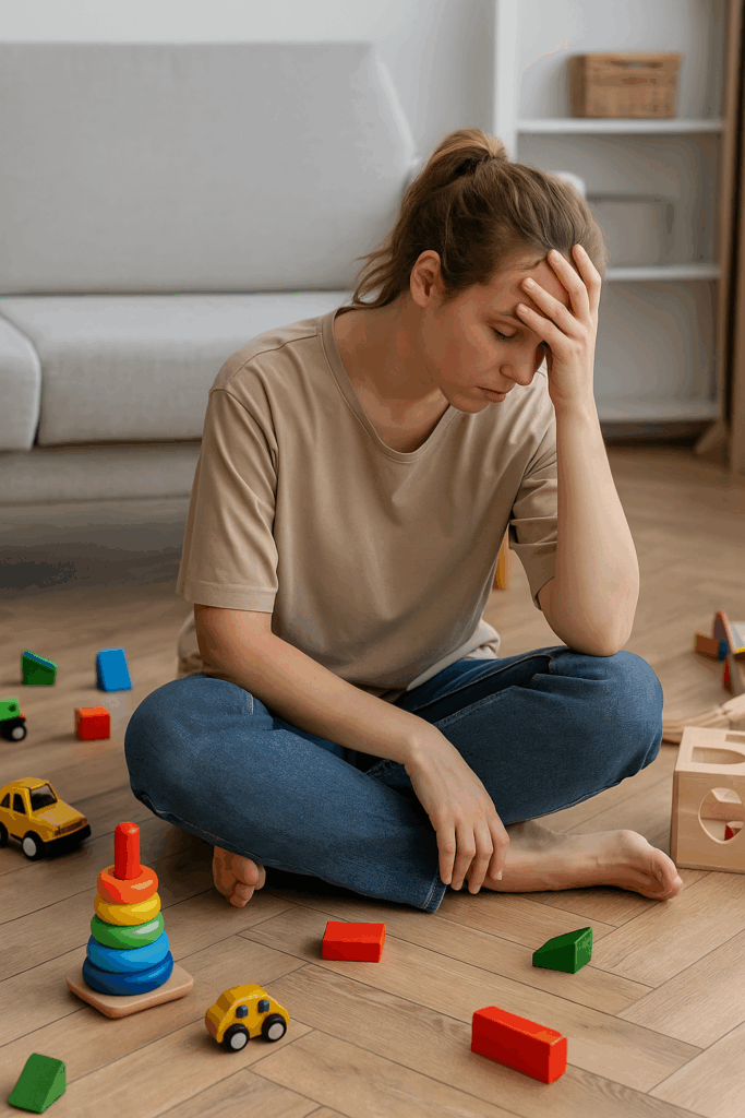 Eine erschöpfte Mutter sitzt auf dem Boden zwischen Kinderspielzeug, stützt den Kopf in die Hand und blickt nachdenklich nach unten. Das Bild symbolisiert Überforderung und das Gefühl, eine schlechte Mutter zu sein.