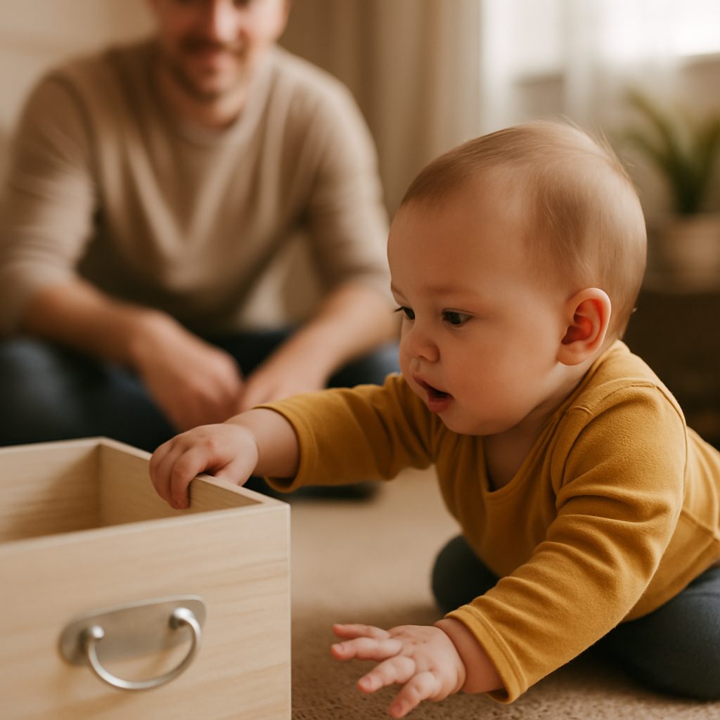 Ein Baby greift konzentriert nach dem Griff einer Holzbox, während der Vater im Hintergrund lächelnd zusieht. Symbol für frühe Motivation, Zielverfolgung und den Berta Brain Babies Ansatz.