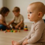 Ein Baby sitzt im Vordergrund und beobachtet aufmerksam zwei spielende Kinder im Hintergrund. Das Baby wirkt ruhig und wachsam – Symbol für stille Intelligenz und den Beobachter-Lernstil im Berta Brain Babies Ansatz.