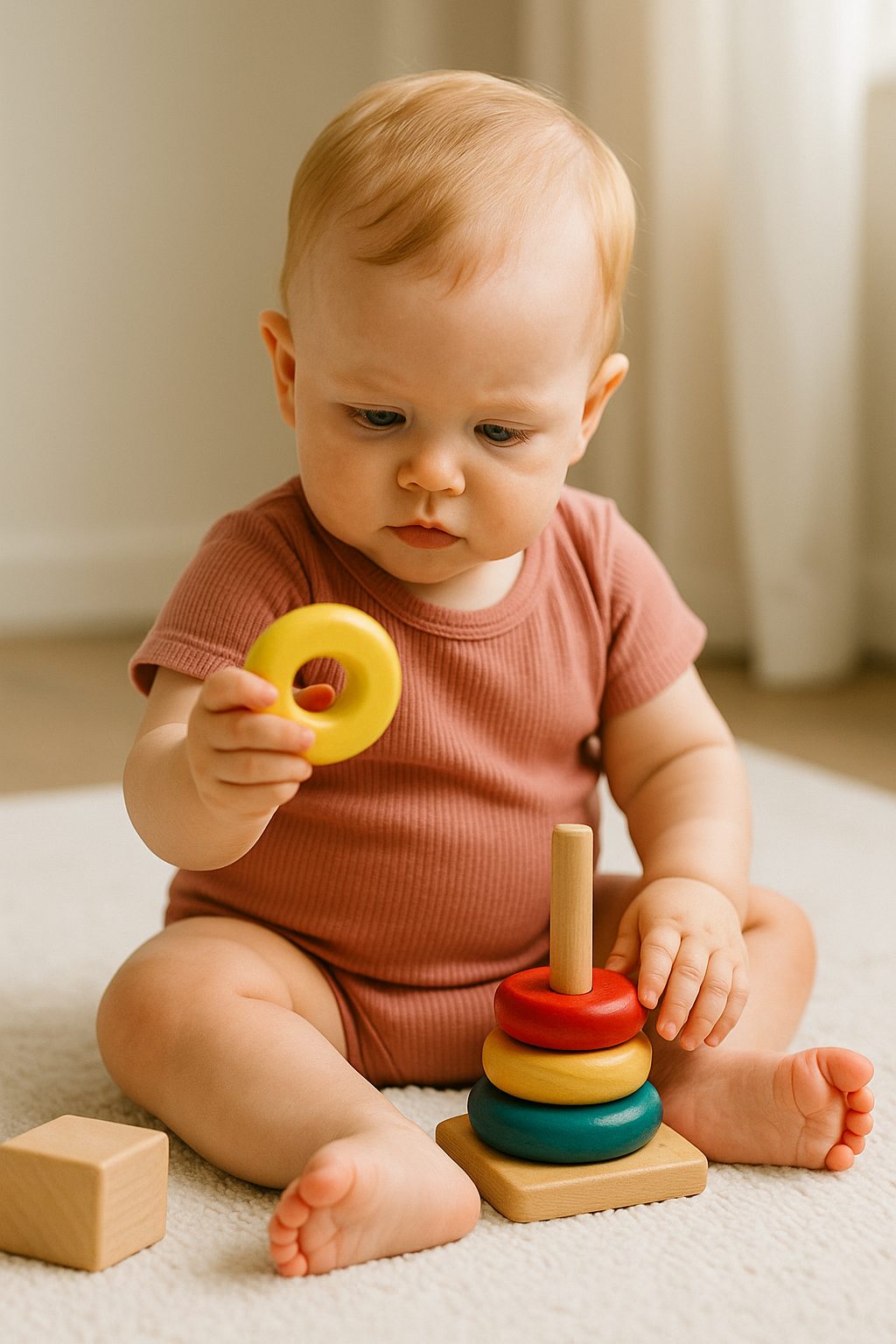 Baby erkundet Holzspielzeug – frühe Entwicklung & Neugier
