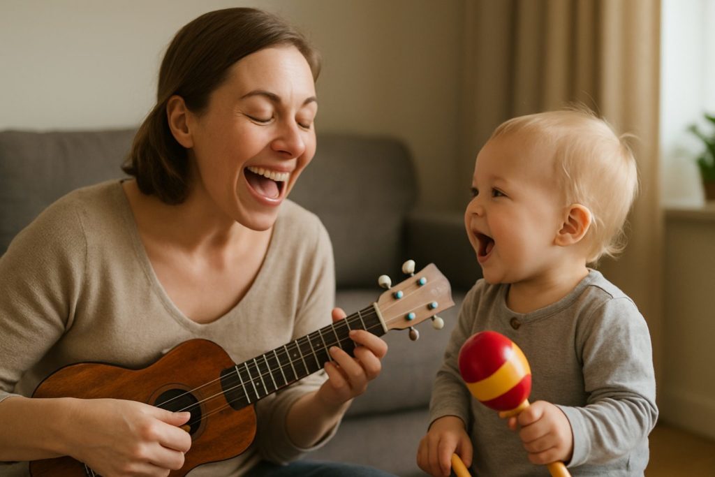 Mutter spielt ein Instrument und das Baby hält eine Rassel; beide musizieren gemeinsam. Symbol für musikalische Intelligenz und frühes Lernen im Berta Brain Babies Ansatz.