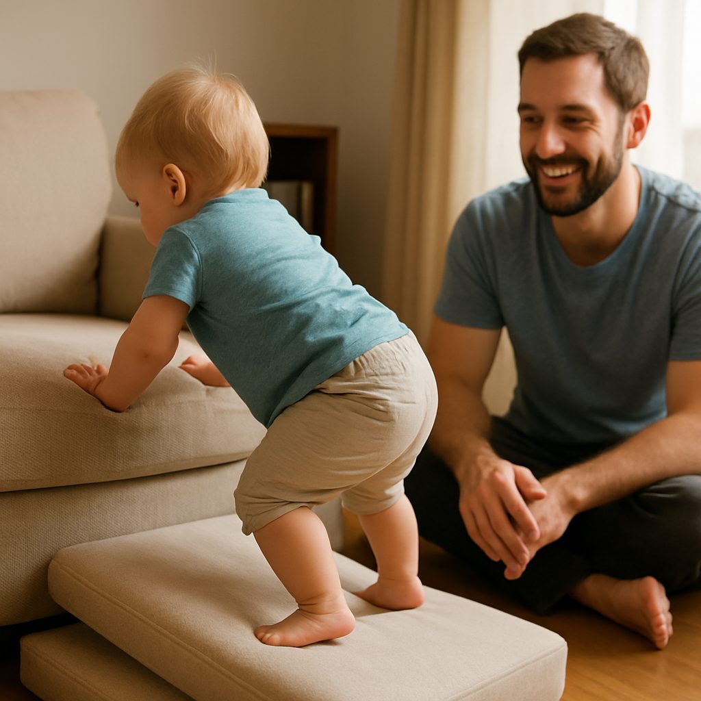 Ein Vater hilft seinem Baby dabei, über Sofakissen zu klettern; beide lachen. Symbol für körperlich-kinästhetische Intelligenz und frühes Lernen im Berta Brain Babies Ansatz.