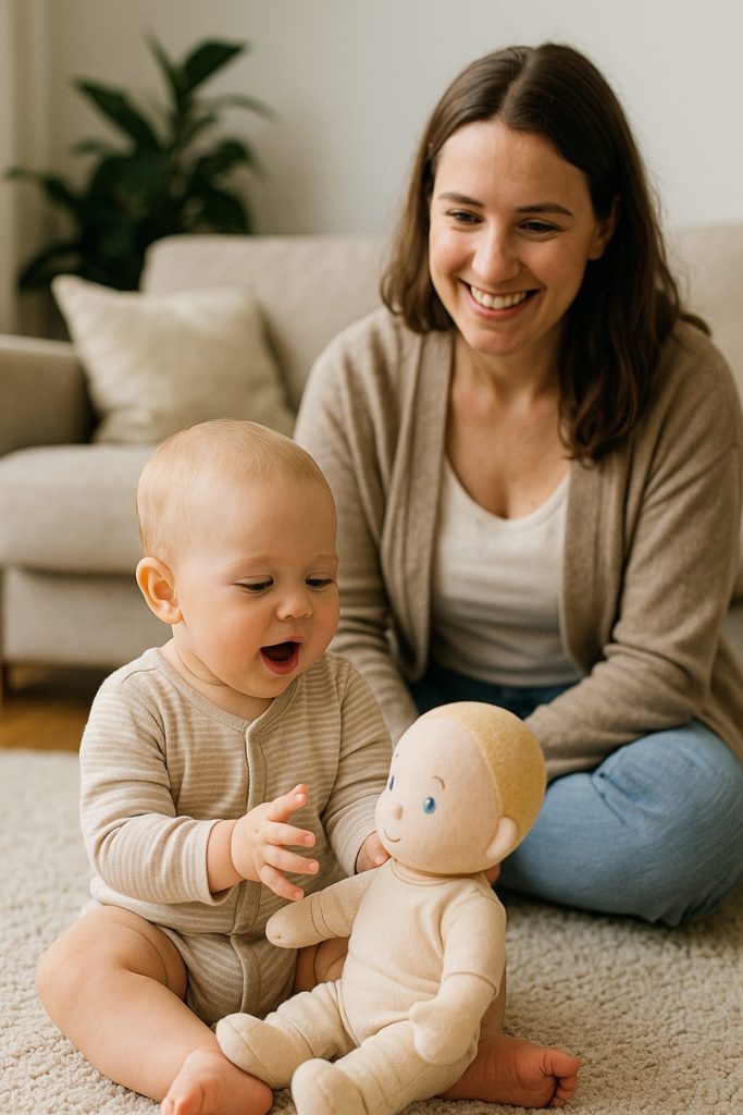 Baby sitzt auf einem Teppich und „spricht“ mit einer Stoffpuppe, während die Mutter im Hintergrund lächelnd zusieht. Symbol für frühe Sprachentwicklung und soziale Intelligenz im Berta Brain Babies Ansatz.