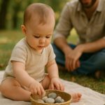 Baby sitzt auf einer Decke im Grünen und sortiert kleine Steine in ein Körbchen, während der Vater im Hintergrund liebevoll zuschaut. Symbol für naturalistische Intelligenz und frühe Naturforschung nach dem Berta Brain Babies Ansatz.