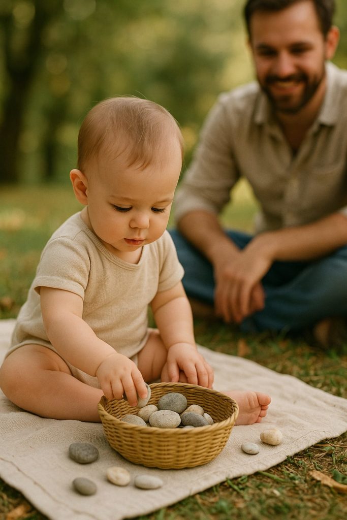 Baby sitzt auf einer Decke im Grünen und sortiert kleine Steine in ein Körbchen, während der Vater im Hintergrund liebevoll zuschaut. Symbol für naturalistische Intelligenz und frühe Naturforschung nach dem Berta Brain Babies Ansatz.