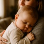 Baby kuschelt eng an der Schulter eines Elternteils, beide in warmem Licht. Das Baby wirkt sensibel und sucht Geborgenheit. Symbol für frühe Empathie, Sensibilität und den Berta Brain Babies Ansatz.